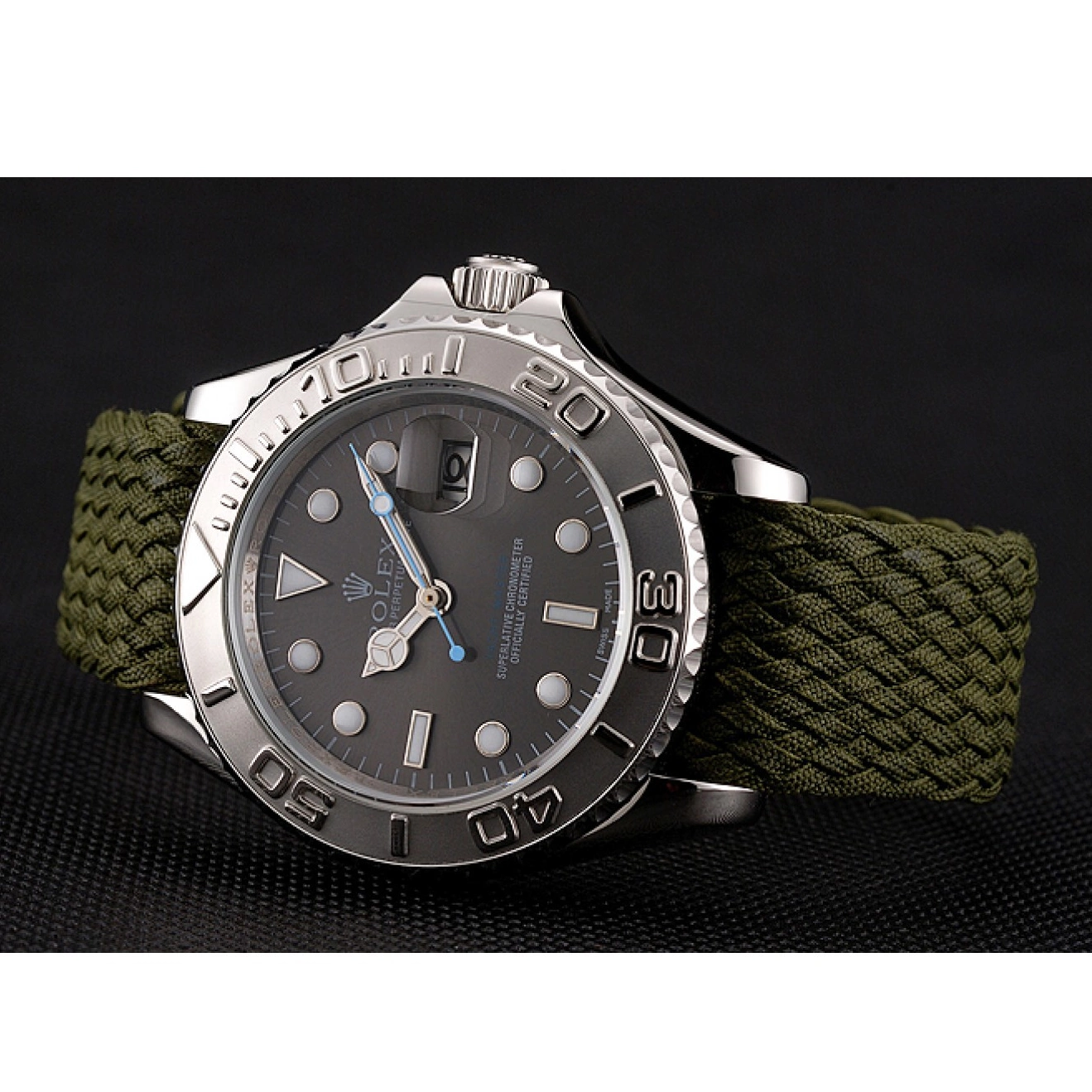 Aaa replica watch Master Dial Green Rolex Green Yacht Fabric Bracelet 1453869 0818
